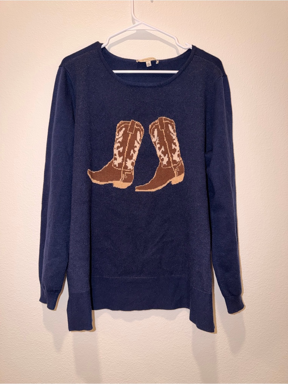 Women's Navy Sweater with Brown Cowboy Boot Motif - Astrologie